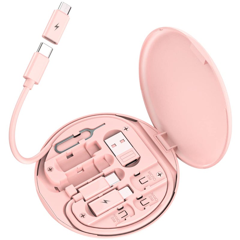 Azvegr Multi USB Charging Adapter Cable Kit, USB C to iOS Device Adapter Box, Conversion Set A & Type C to Male Micro/Type C/iOS Device, Data Transfer, Card Storage, Tray Eject Pin, Phone Holder (Pink) - Image 1
